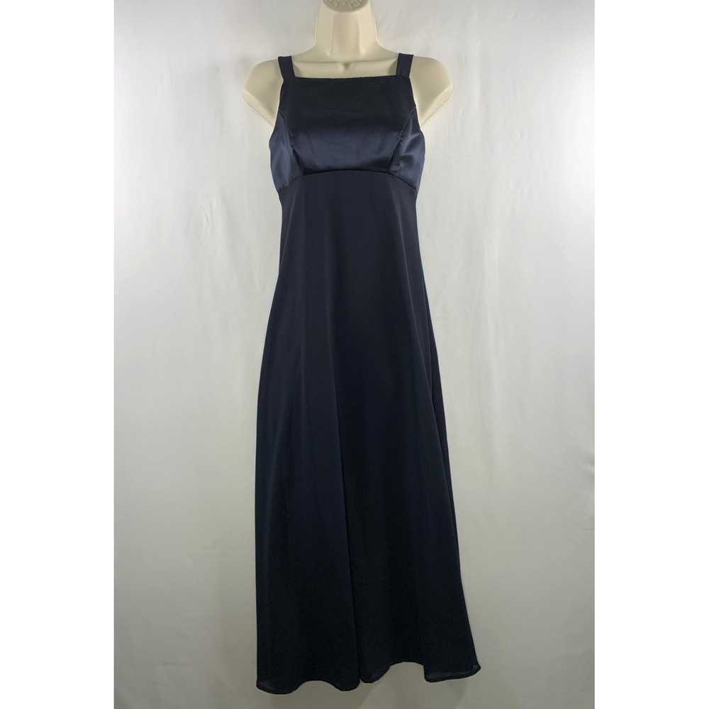 VTG Womens Satin Chiffon Babydoll Maxi Dress Small Navy Regency Royalcore Formal